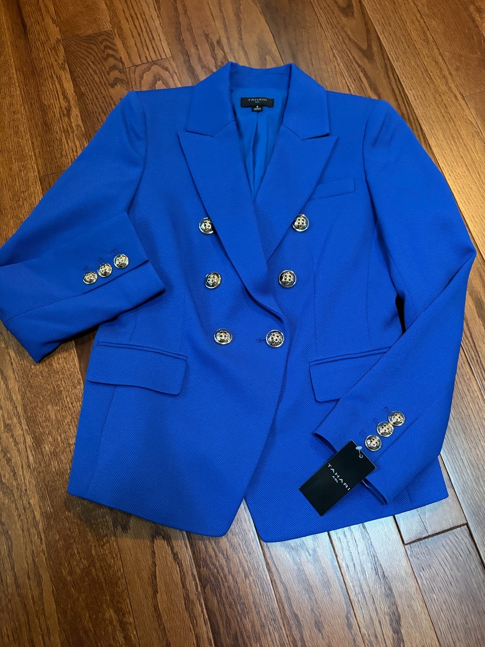 Tahari ASL Cobalt Blue Double-Breasted Blazer with Gold Buttons Size 4